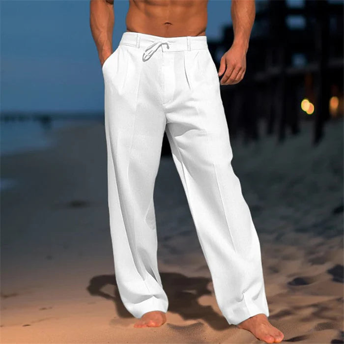 CALÇAS DE VERÃO MASCULINAS DE PERNA LARGA COM PREGAS E CORDÃO