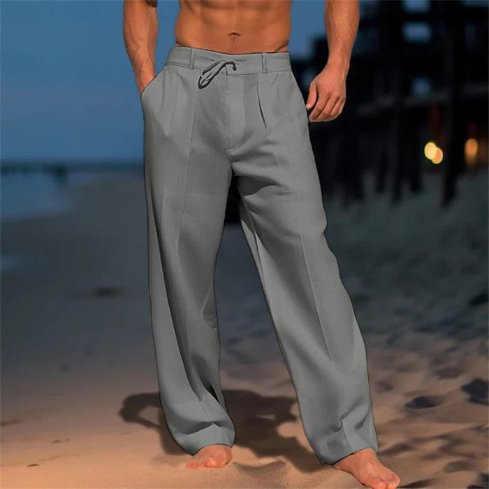 CALÇAS DE VERÃO MASCULINAS DE PERNA LARGA COM PREGAS E CORDÃO