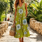 VESTIDO MIDI SIN MANGAS CON ESTAMPADO FLORAL BORDADO RETRO y ESCOTE EN v