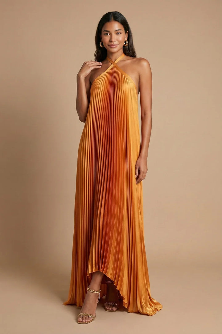 Vestido Maxi Plisado Con Escote Halter Y Espalda Abierta | Vestido De Noche Femenino