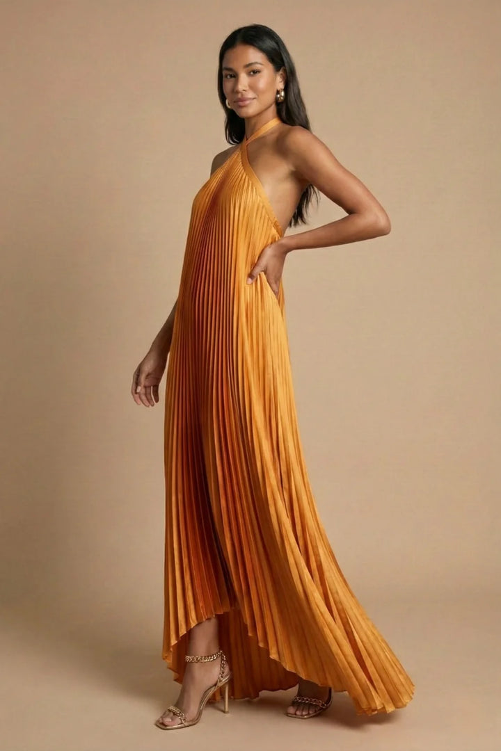 Vestido Maxi Plisado Con Escote Halter Y Espalda Abierta | Vestido De Noche Femenino