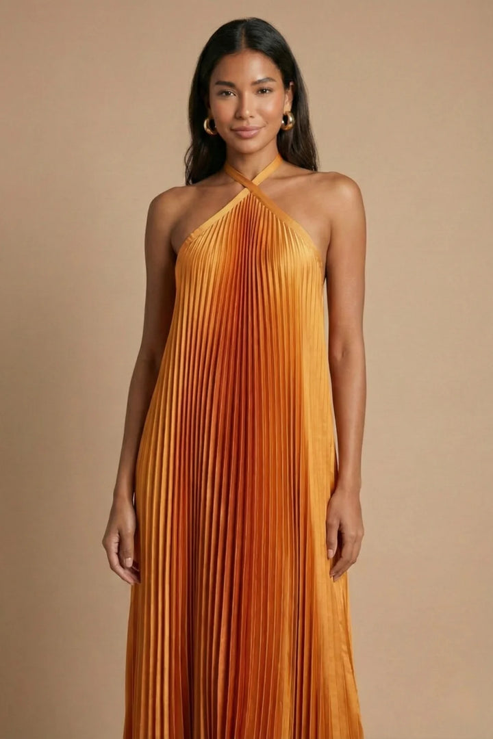 Vestido Maxi Plisado Con Escote Halter Y Espalda Abierta | Vestido De Noche Femenino
