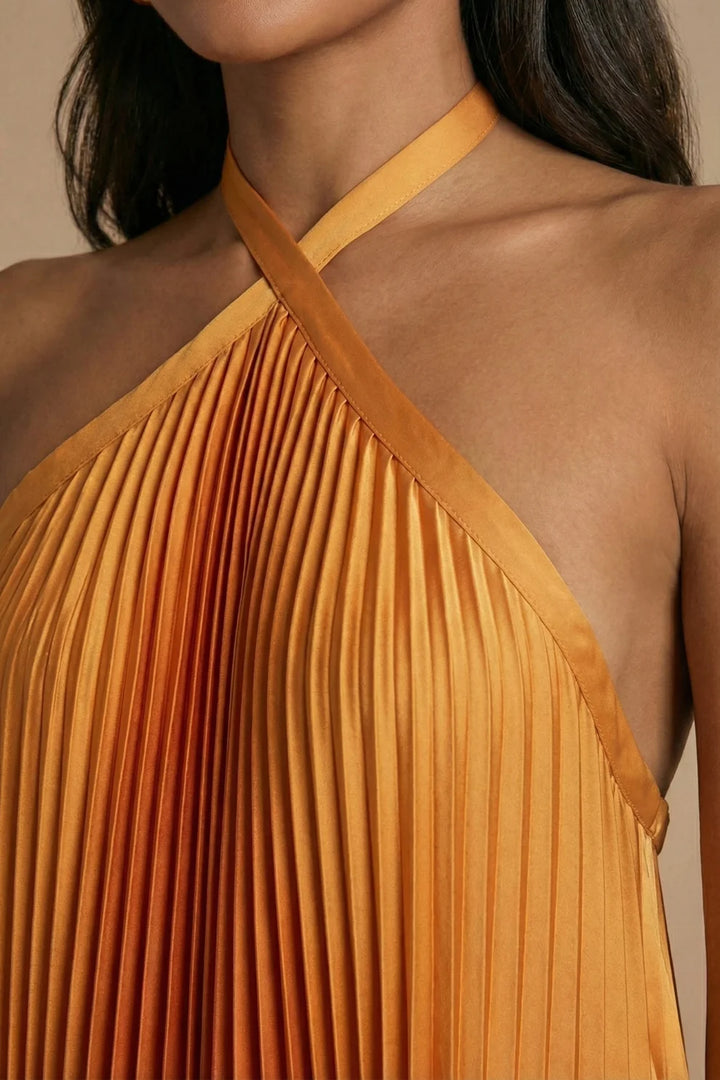 Vestido Maxi Plisado Con Escote Halter Y Espalda Abierta | Vestido De Noche Femenino