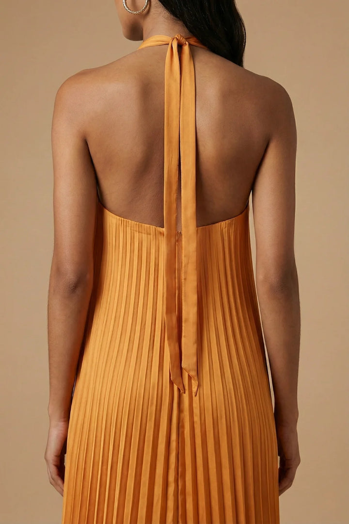 Vestido Maxi Plisado Con Escote Halter Y Espalda Abierta | Vestido De Noche Femenino