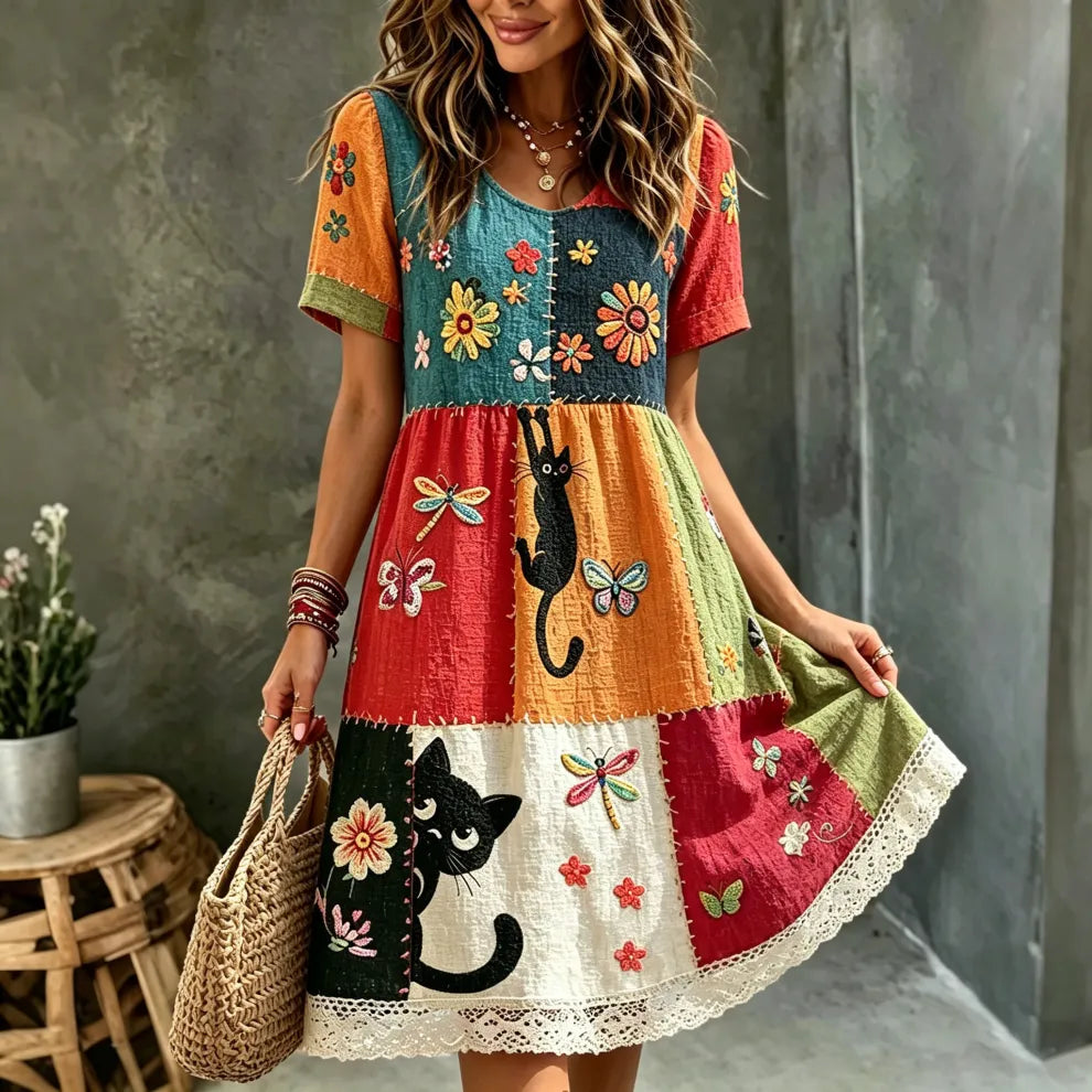 Vestido mini lino bordado gato negro hippie cuello redondo manga corta