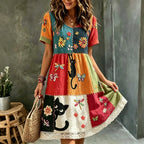 Vestido mini lino bordado gato negro hippie cuello redondo manga corta