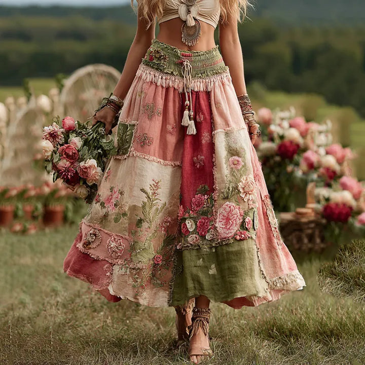 Falda De Lino Fluida Vintage Boho Con Patchwork De Rosas Y Flores