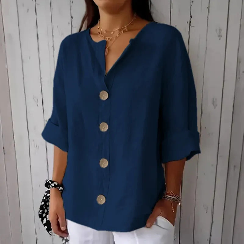 Camisa casual de mezcla de lino con botones en color liso