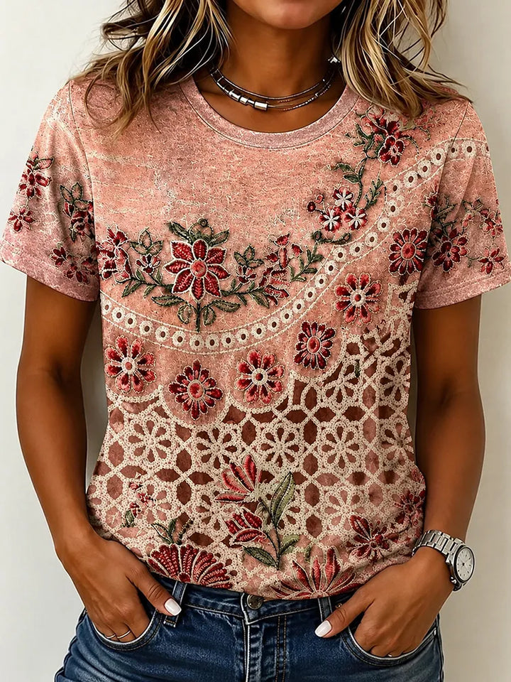 Floral Lace Design Round Neck Linen T-Shirt - Short Sleeve