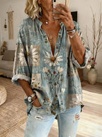 Camisa casual con estampado de margaritas retro para mujer