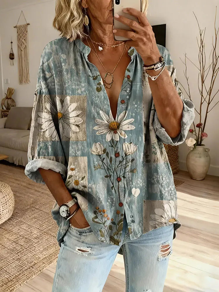 Camisa casual con estampado de margaritas retro para mujer