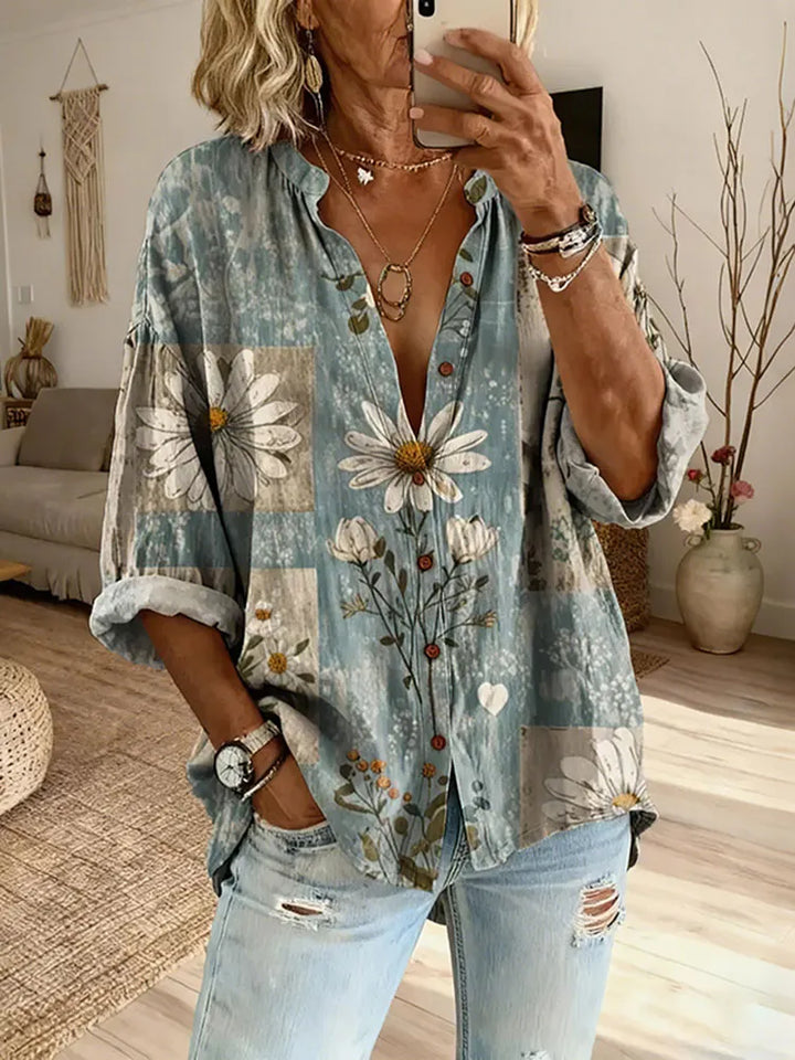 Camisa Casual De Senhora Com Estampado Retro De Margaridas
