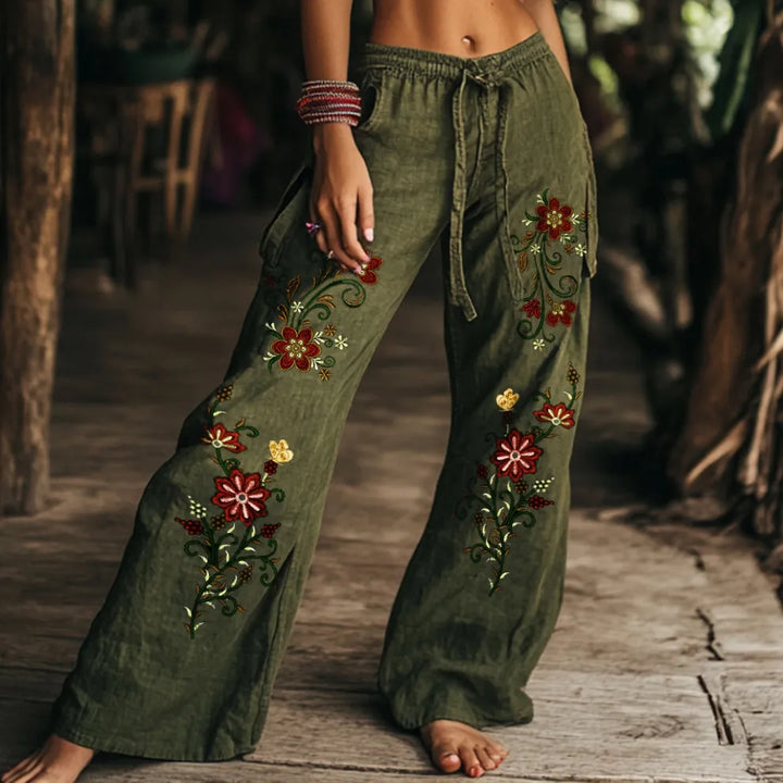 Pantalones Anchos De Algodón Y Lino Con Estampado Floral Vintage