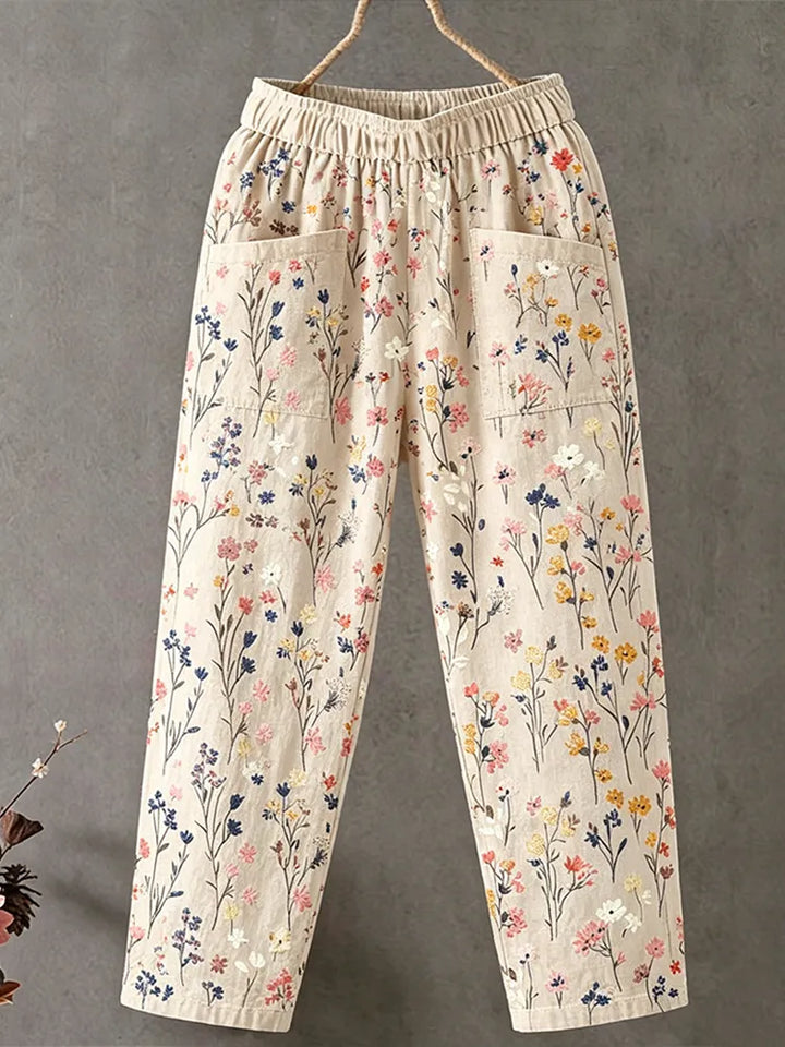 Pantalones Largos Casuales De Algodón Y Lino Para Mujer Con Estampado Floral