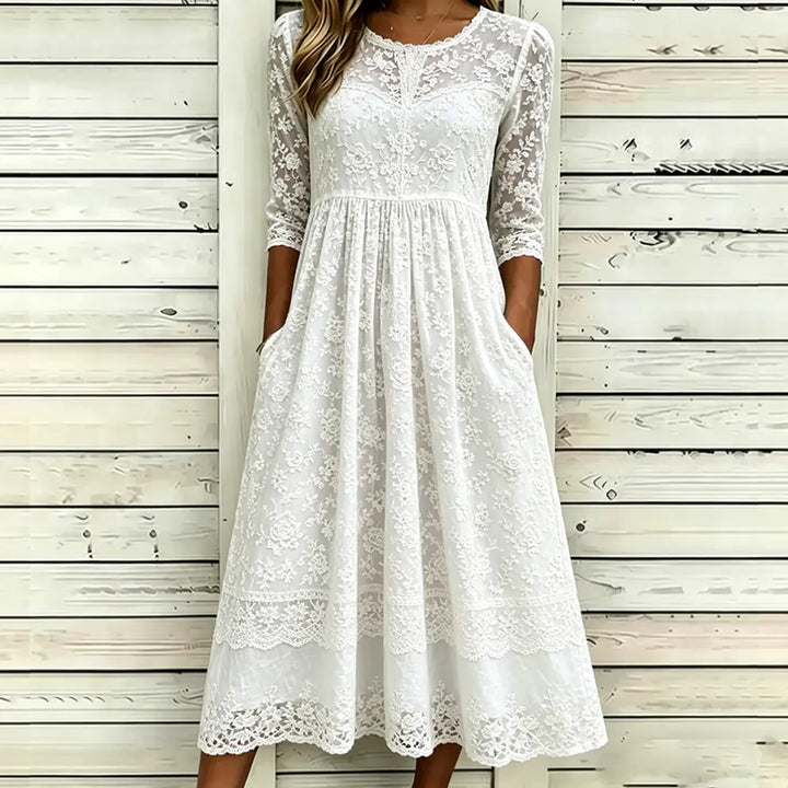 Vestido Cómodo Vintage Blanco Con Bordado Floral Pequeño, Encaje Y Cuello Redondo