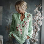 Camisa de lino de manga larga con bordado floral vintage para mujer