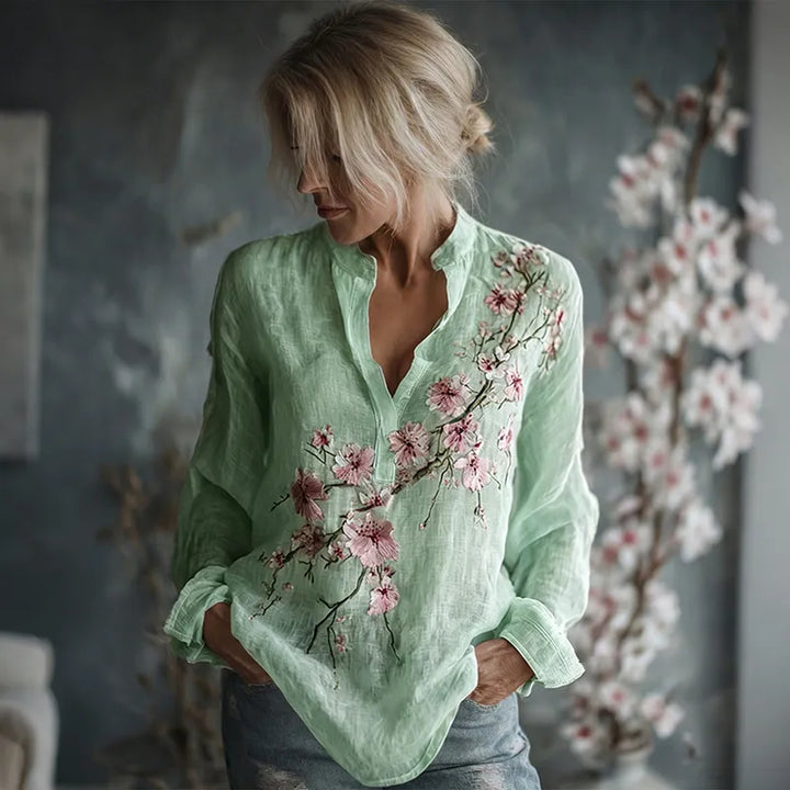 Camisa De Lino De Manga Larga Con Bordado Floral Vintage Para Mujer