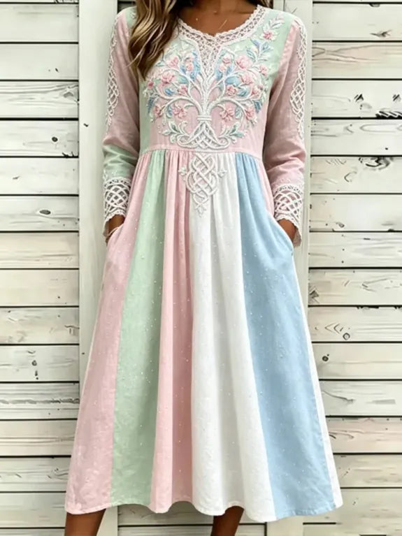 Vestido Midi Cómodo Cuello Redondo con Arte Árbol de la Vida y Nudo Celta