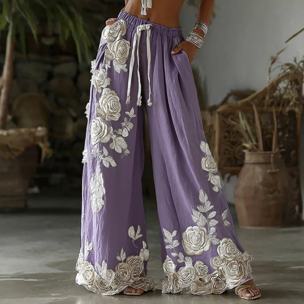 PANTALONES CASUALES DE LINO RETRO CON BORDADO FLORAL PARA MUJER