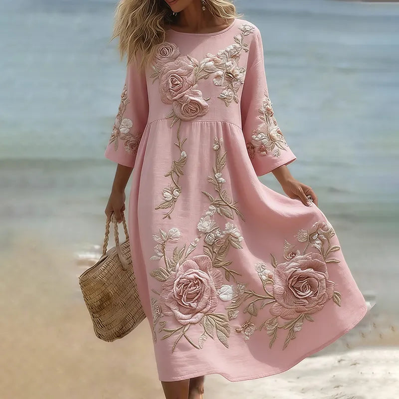 Vestido Holgado De Manga Tres Cuartos Con Estampado Floral En Mezcla De Lino Para Mujer