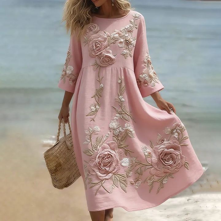 Vestido Holgado De Manga Tres Cuartos Con Estampado Floral En Mezcla De Lino Para Mujer