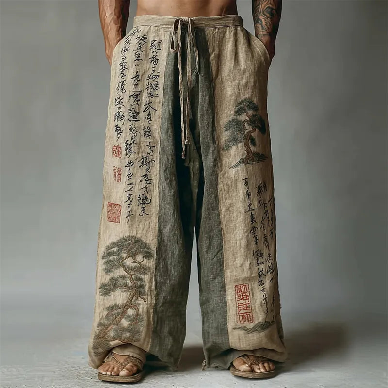 Pantalones de lino japoneses con pinos y caligrafía en contraste para hombre