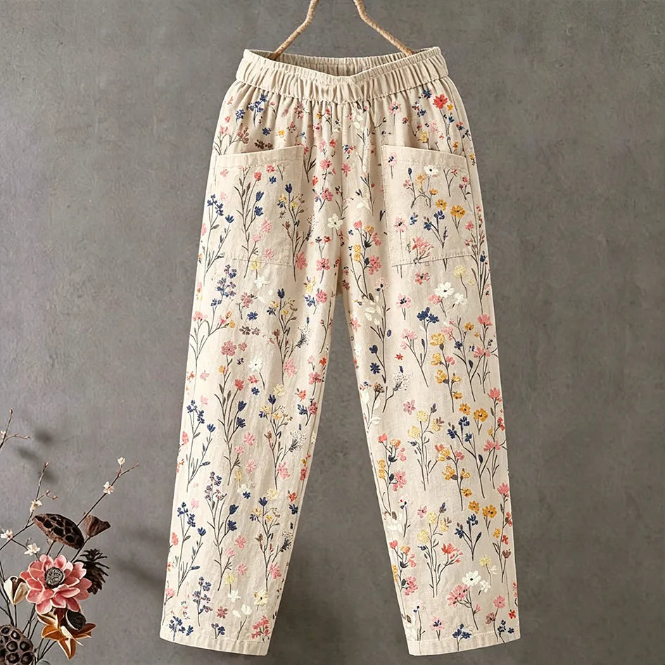 Pantalones Largos Casuales De Algodón Y Lino Para Mujer Con Estampado Floral