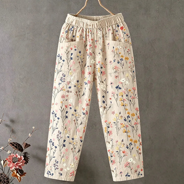Pantalones Largos Casuales De Algodón Y Lino Para Mujer Con Estampado Floral