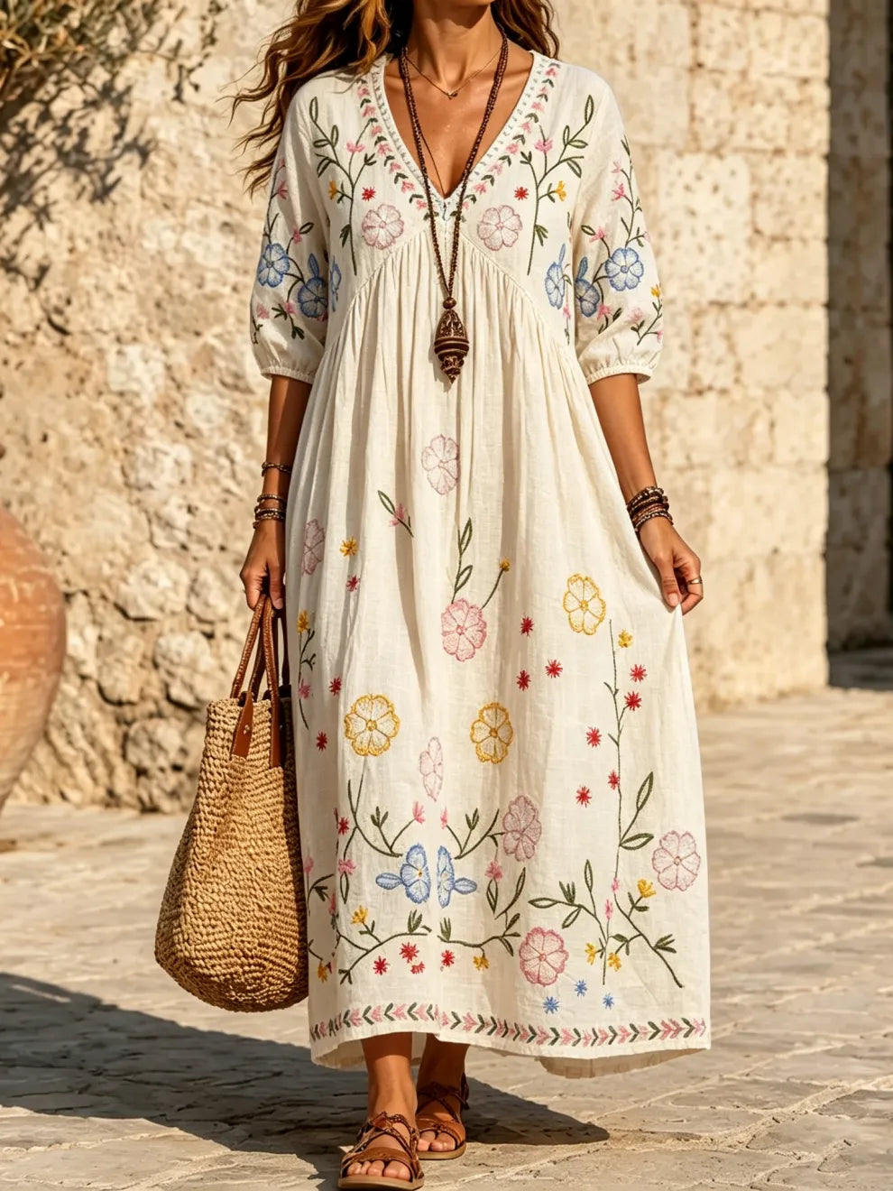 VESTIDO DE ALGODÓN y LINO CON ESTAMPADO FLORAL MINIMALISTA RETRO y ESCOTE EN v PARA VACACIONES