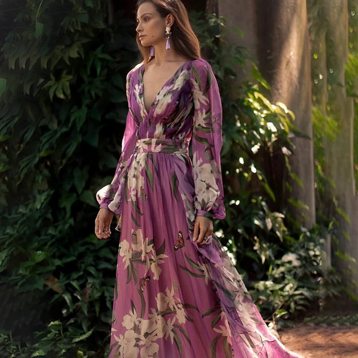 Sancha | Vestido Maxi Floral Con Escote En V Y Mangas Largas