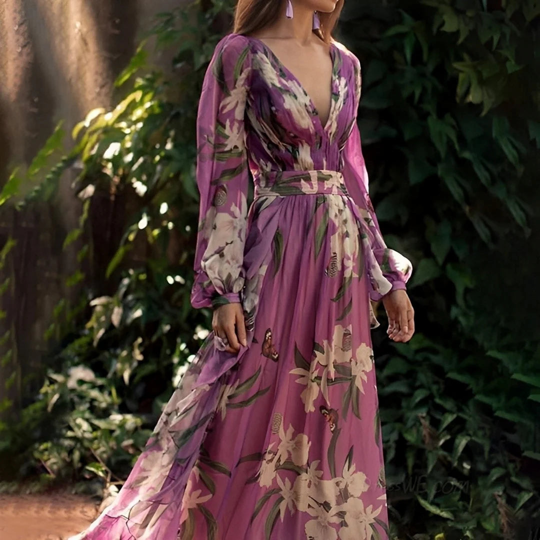 Sancha | Vestido Maxi Floral Con Escote En V Y Mangas Largas