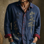 Camisa casual retro japonesa con estampado de bambú y caligrafía para hombre