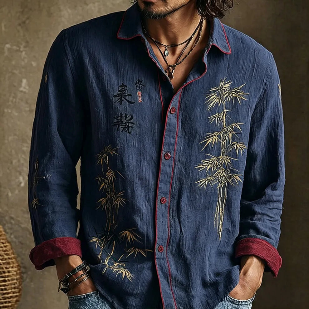 Camisa casual retro japonesa con estampado de bambú y caligrafía para hombre