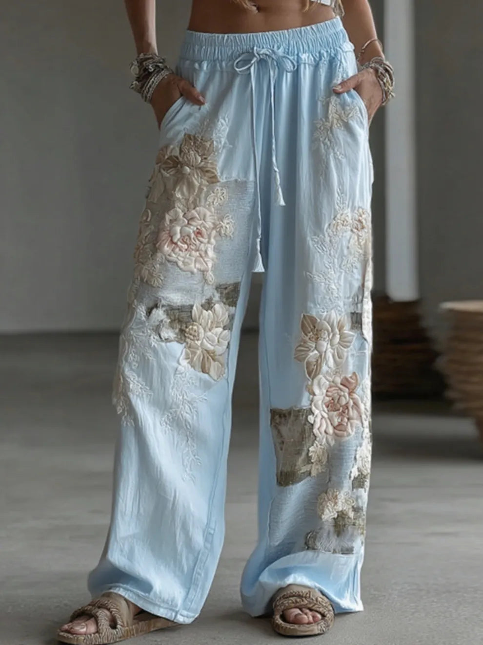 PANTALONES CASUALES DE LINO RETRO CON PATCHWORK FLORAL PARA MUJER