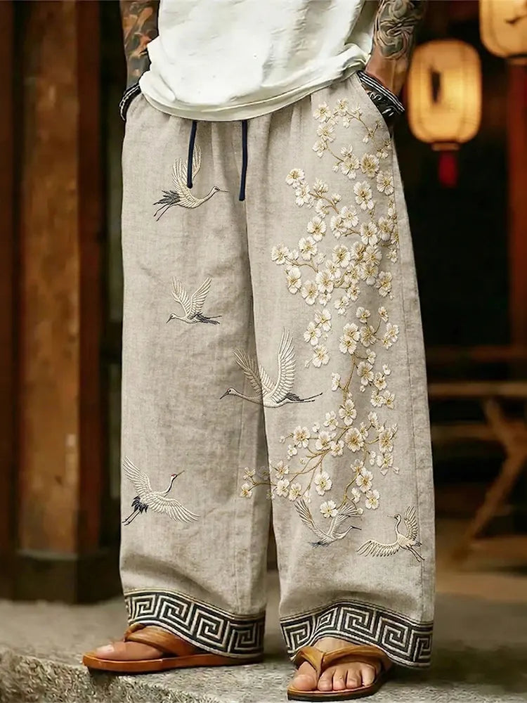PANTALONES CASUALES DE LINO MASCULINOS CON ARTE JAPONÉS DE FLOR DE CEREZO