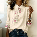 Camisa Elegante de Manga Larga con Arte Floral Bordado y Cuello Mao