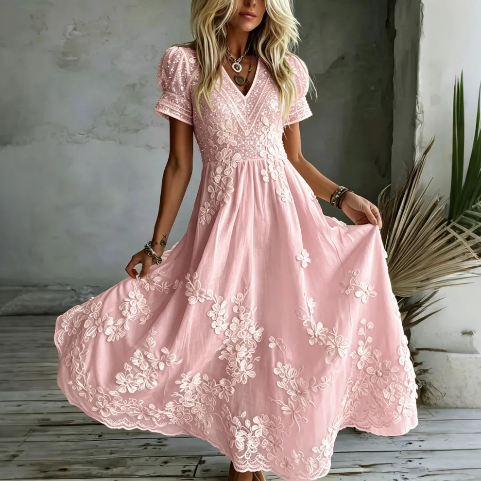 - VESTIDO MAXI BORDADO ROSA BLANCA