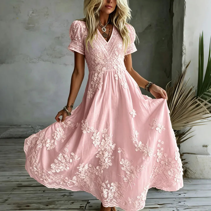 Vestido Maxi Bordado Rosa Branca