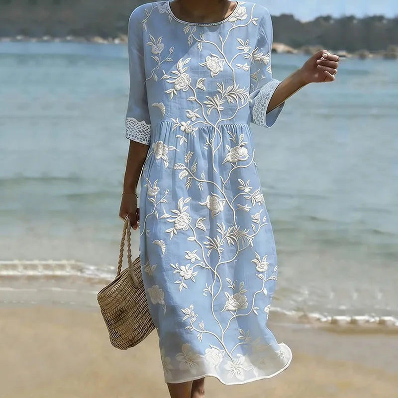 Vestido Floral Bohemio Vintage de Manga 3/4