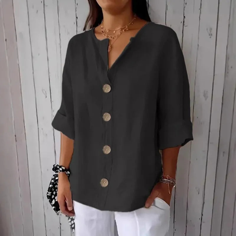 Camisa casual de mezcla de lino con botones en color liso