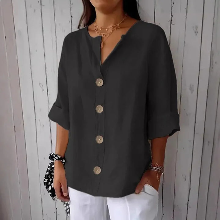 Camisa Casual De Mistura De Linho Com Botões Em Cor Lisa
