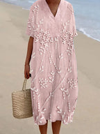 Vestido Elegante de Mezcla de Lino con Encaje Floral Bordado y Escote en V