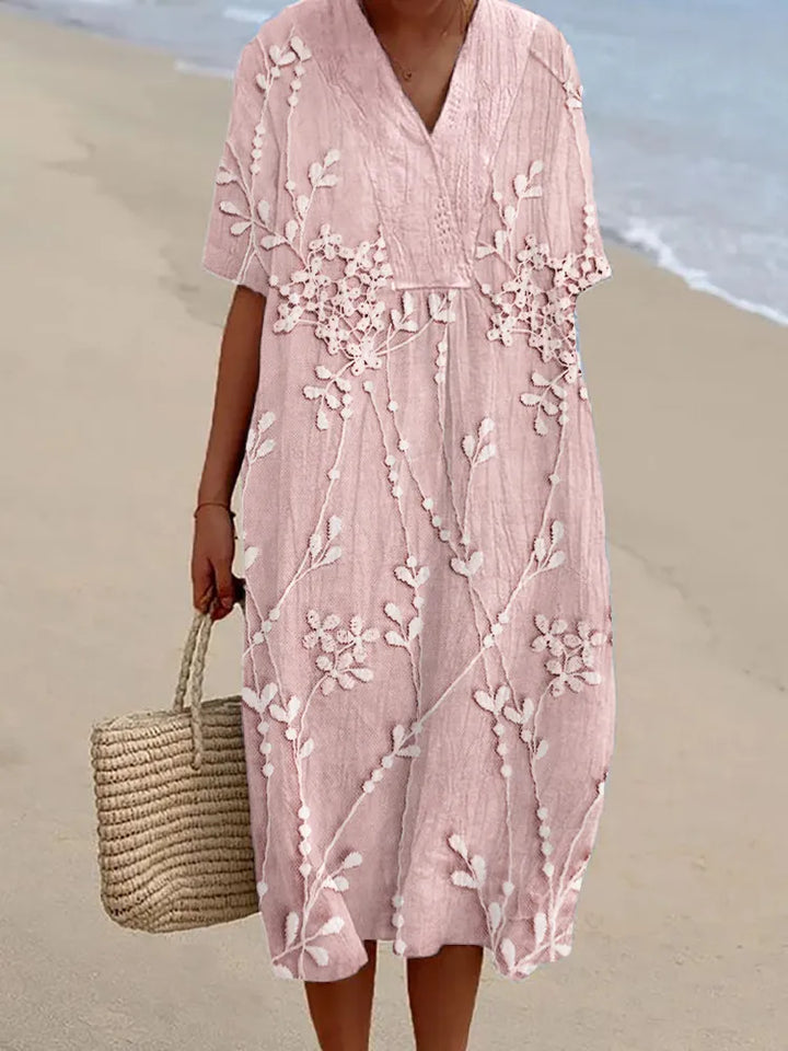 Vestido Elegante De Mistura De Linho Com Renda Floral Bordada E Decote Em V