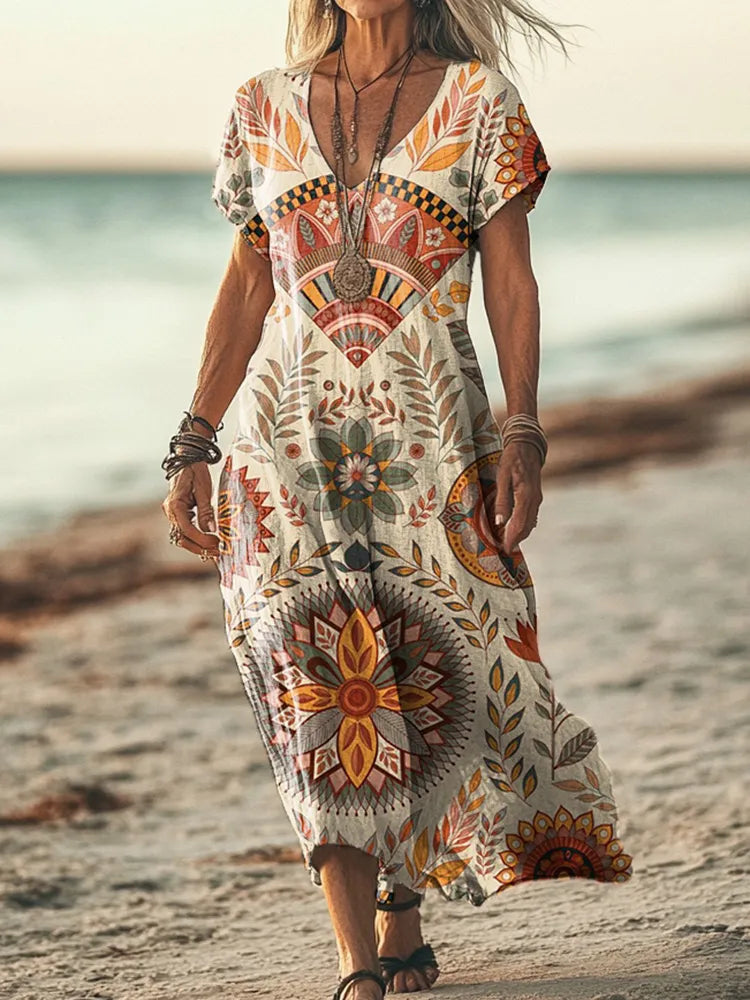 Vestido casual de algodón y lino con estampado floral étnico retro