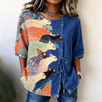 Top retro estampado gato cuello redondo manga 3/4