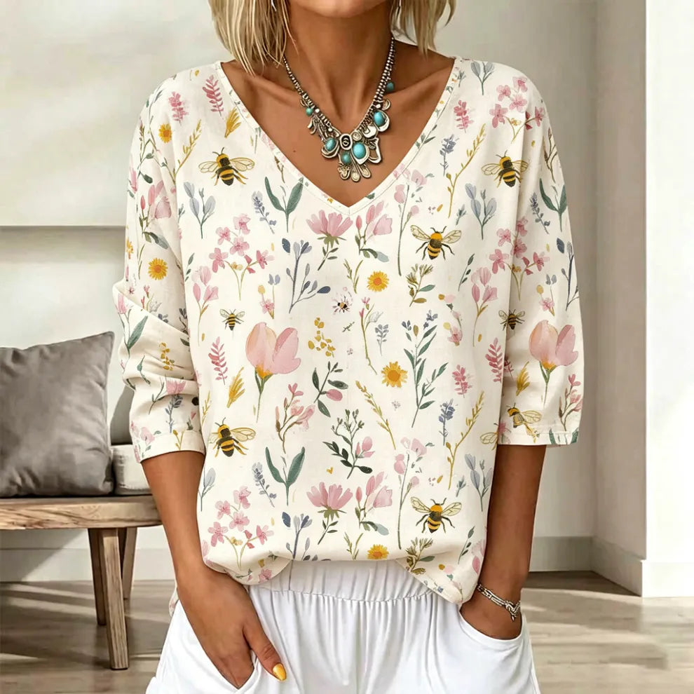 Top de algodón y lino vintage con estampado floral artístico manga 3/4