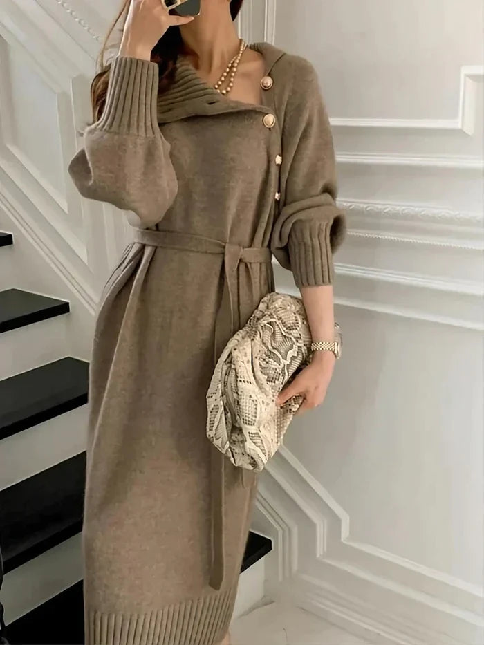 VESTIDO JERSEY ELEGANTE DE GOLA ALTA COM BOTÕES E CINTO MULHER - OUTONO E INVERNO