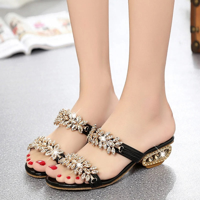 Sandalias De Mujer Con Strass, Sin Cierre, Tacón Bajo, Elegantes, Peep Toe, Chanclas De Verano