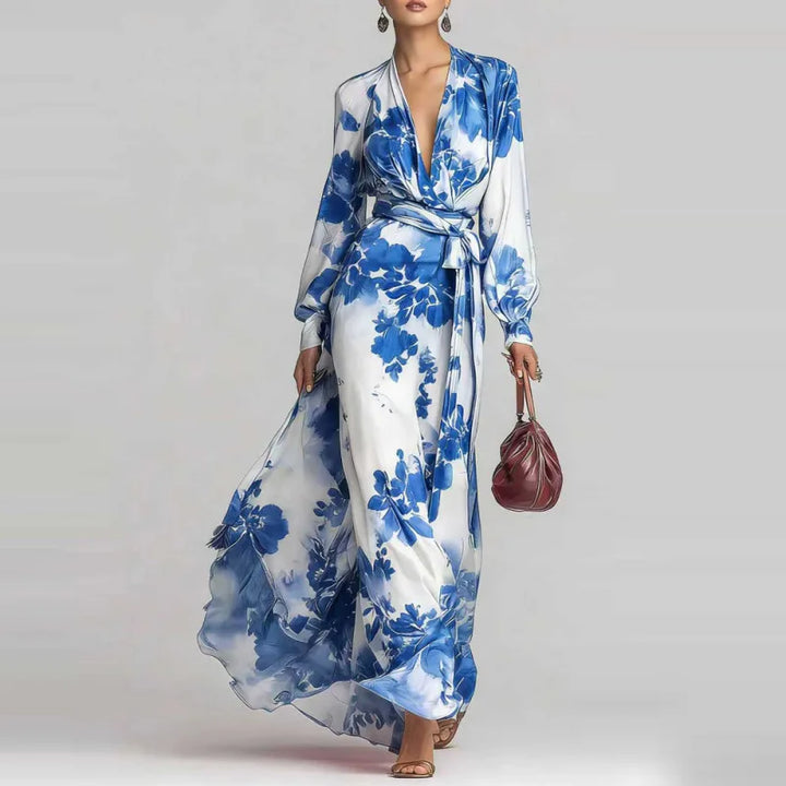 VESTIDO MAXI BOÉMIO MULHER DECOTE EM V COM CINTO