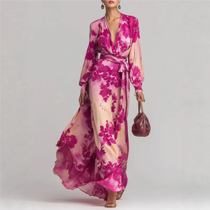 VESTIDO MAXI BOÉMIO MULHER DECOTE EM V COM CINTO